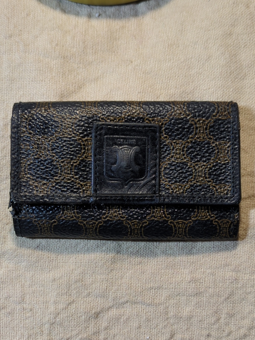 Celine Black and Tan Patterned Leather Trifold Key & Card Holder NOW ONLY $55